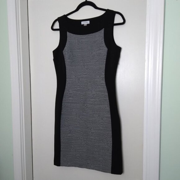 Calvin Klein Grey & Black Boat Neck Textured Bodycon Slimming Sheath Dress Sz 6 - Picture 1 of 7